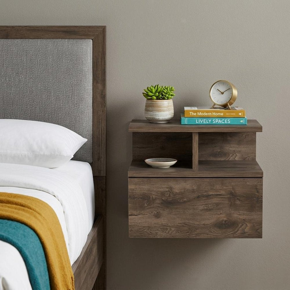14" Brown Wood One Drawer Floating Nightstand