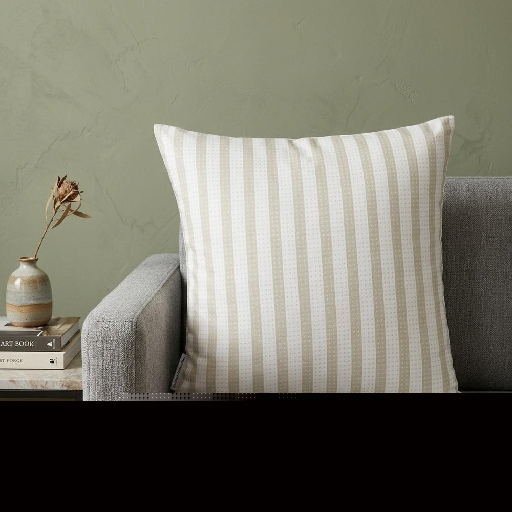 16" Taupe and White Striped Cotton Throw Pillow