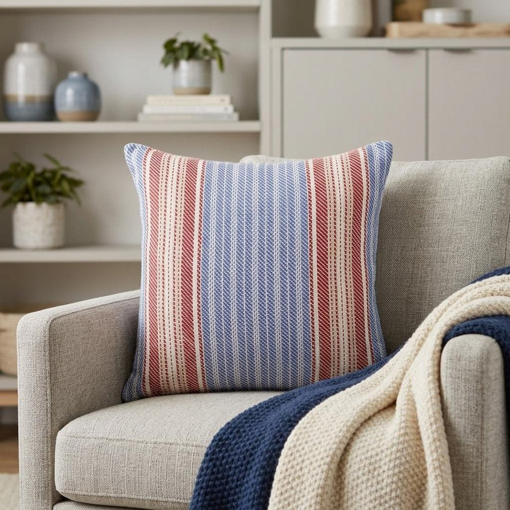 16" Blue and Red Striped Cotton Throw Pillow