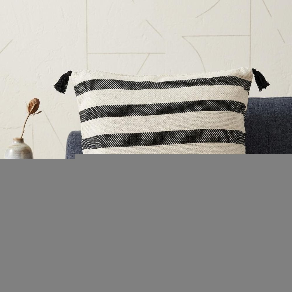 24" Beige and Black Striped Cotton Throw Pillow With Tassels