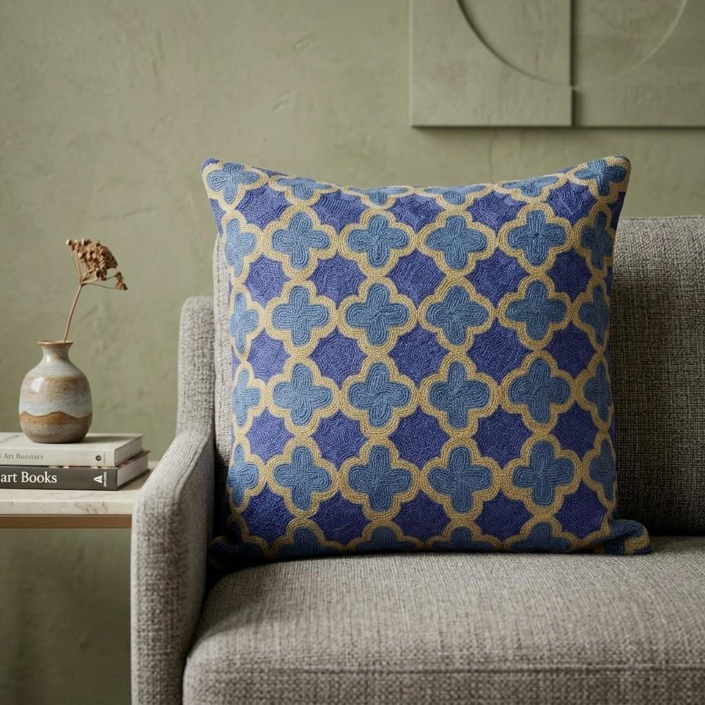 20" Blue and Brown Quatrefoil Wool Throw Pillow With Embroidery