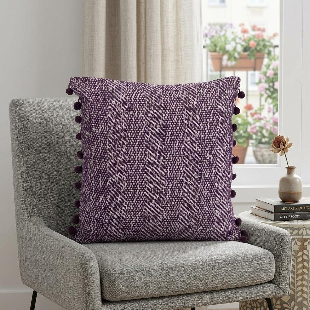 18" Purple and White Weave Cotton Throw Pillow With Pom Poms