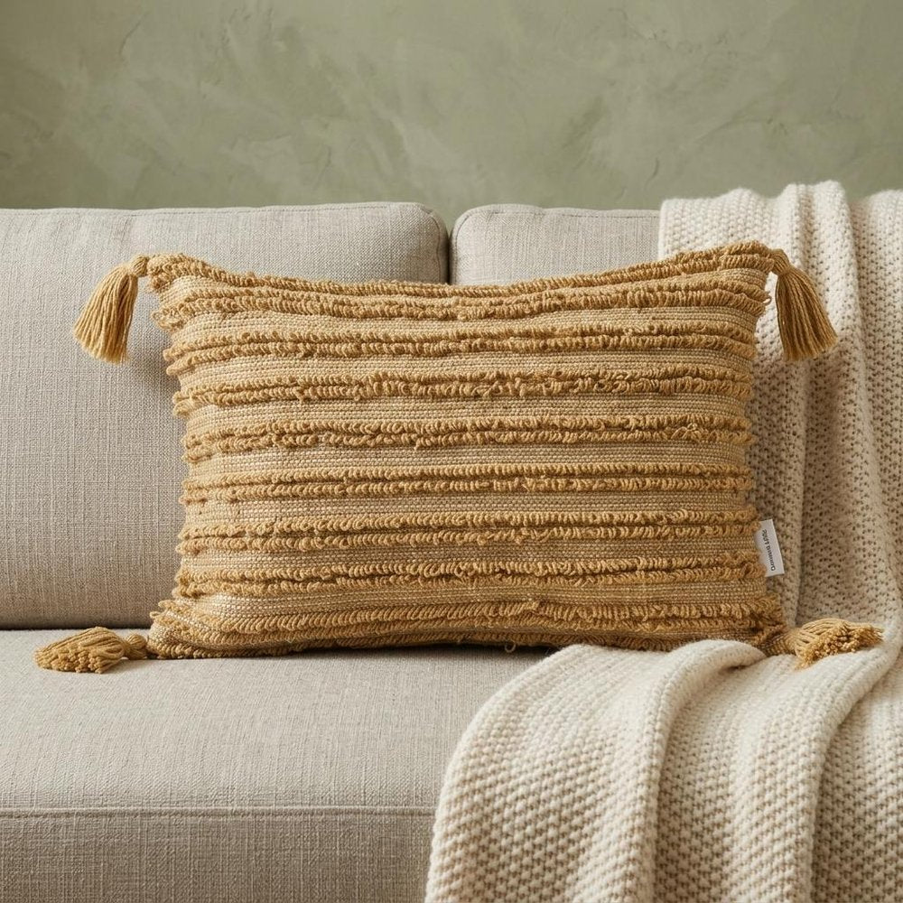 14" X 20" Beige Striped Cotton Throw Pillow With Tassels