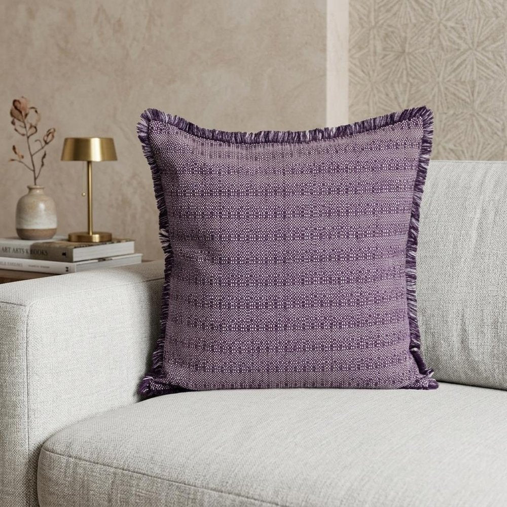 24" Purple and White Cotton Throw Pillow with Fringe