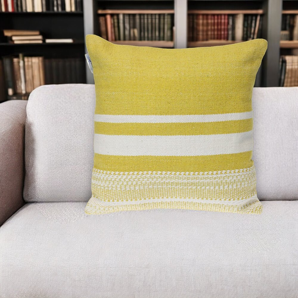 18" Yellow And White Striped Cotton Throw Pillow