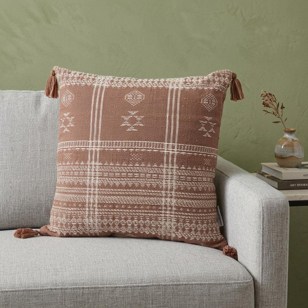 18" Beige and Brown Cotton Throw Pillow with Tassels