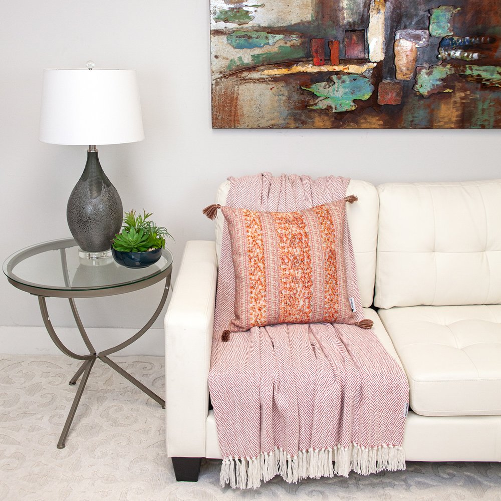 18" Pink and Orange Cotton Throw Pillow with Tassels