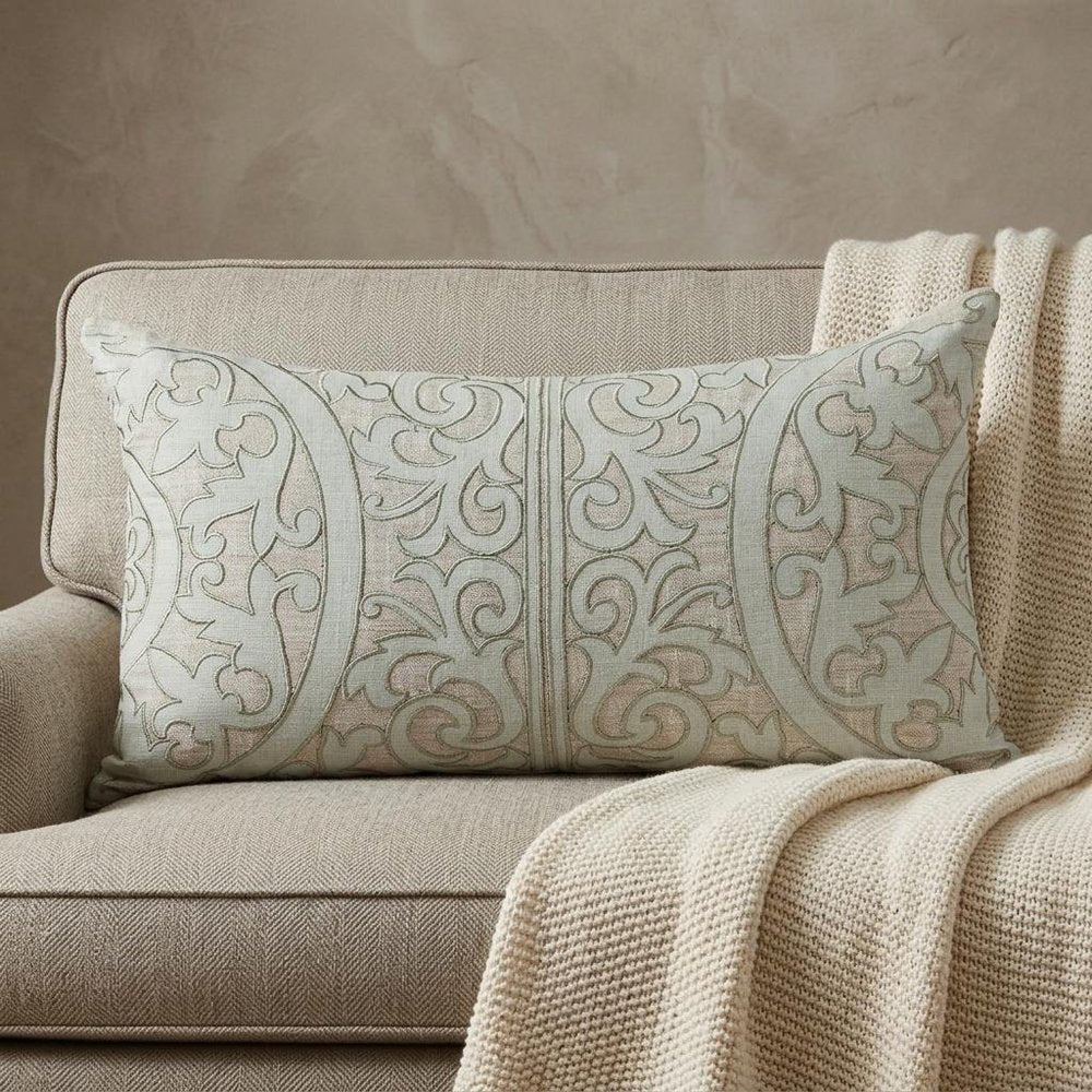 14" X 24" Beige and Green Linen Lumbar Throw Pillow with Embroidery