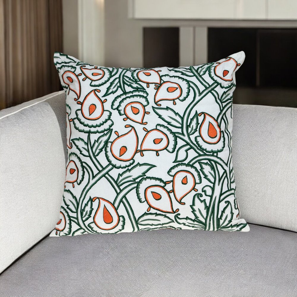 22" Green and White Cotton Throw Pillow with Embroidery