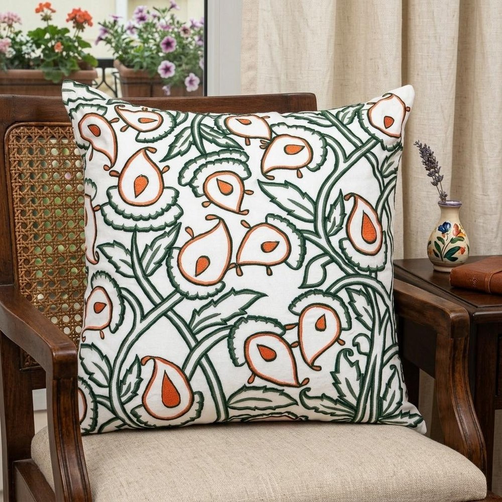 22" Green And White Floral Cotton Throw Pillow with Embroidery