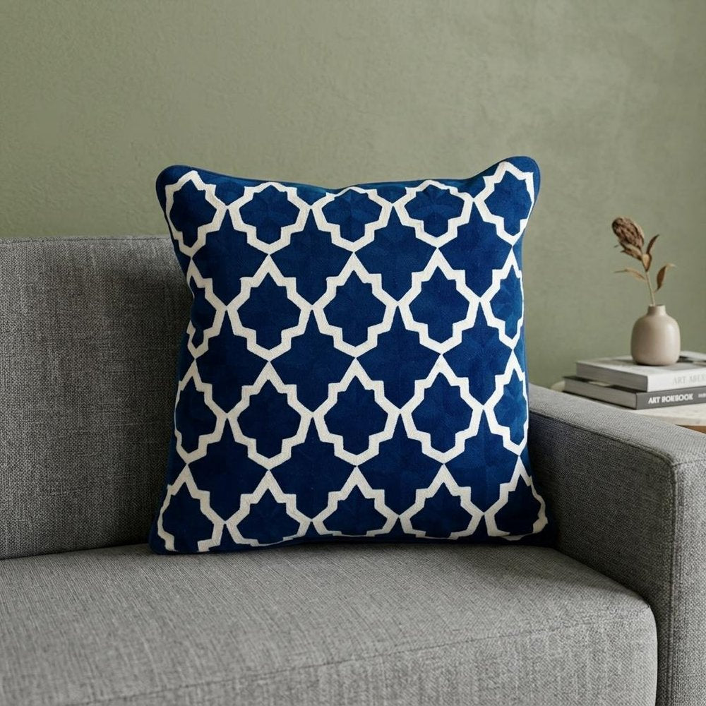 20" Blue and White Geometric Cotton Throw Pillow