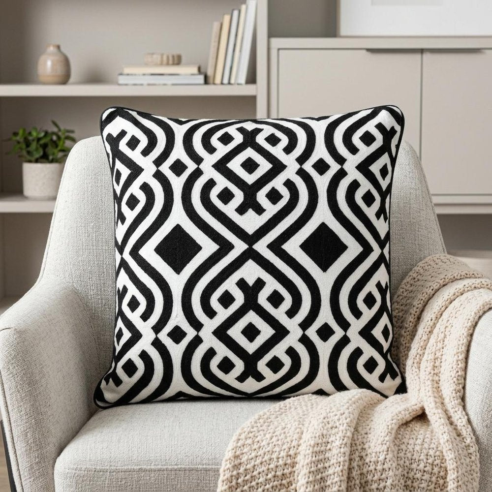 20" Black and White Geometric Cotton Throw Pillow