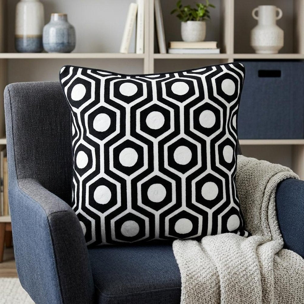 20" Black and White Geometric Cotton Throw Pillow