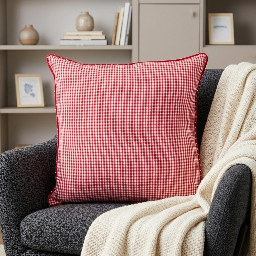 18" Red and White Cotton Reversible Throw Pillow