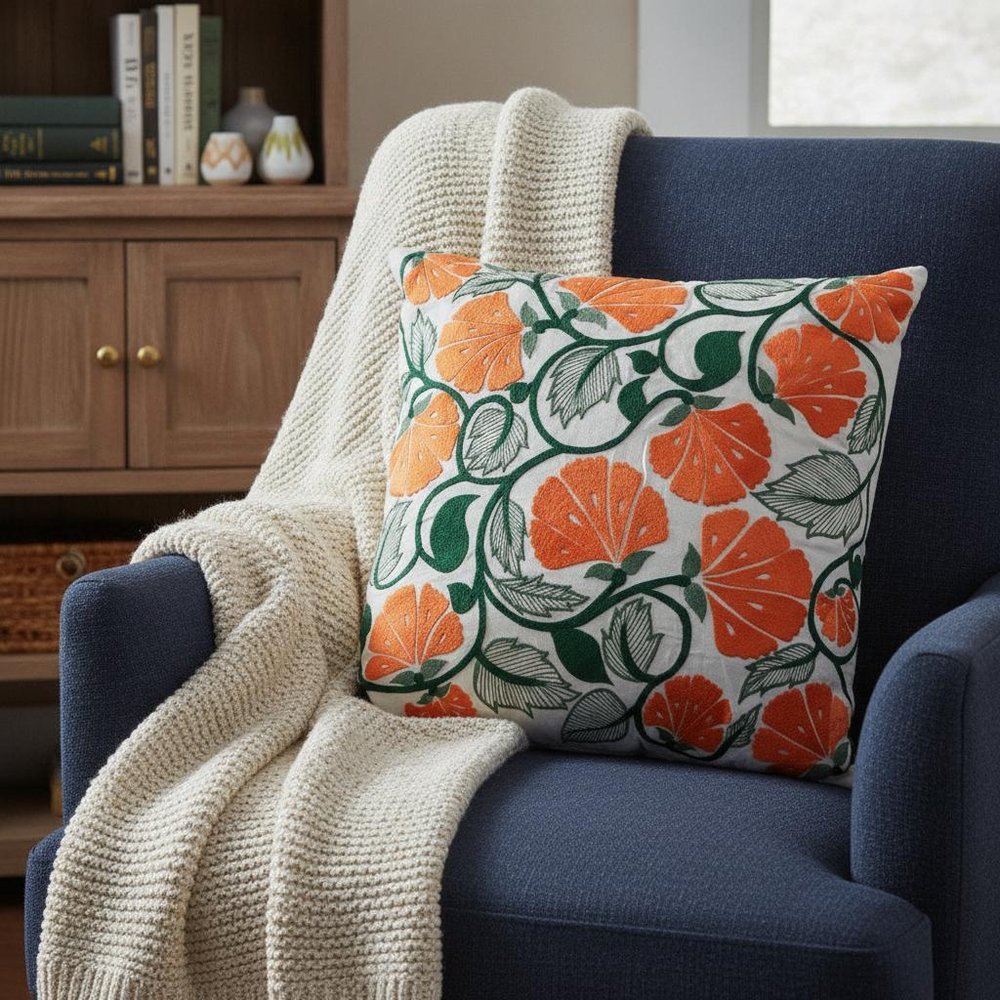 22" Orange And White Floral Cotton Throw Pillow with Embroidery