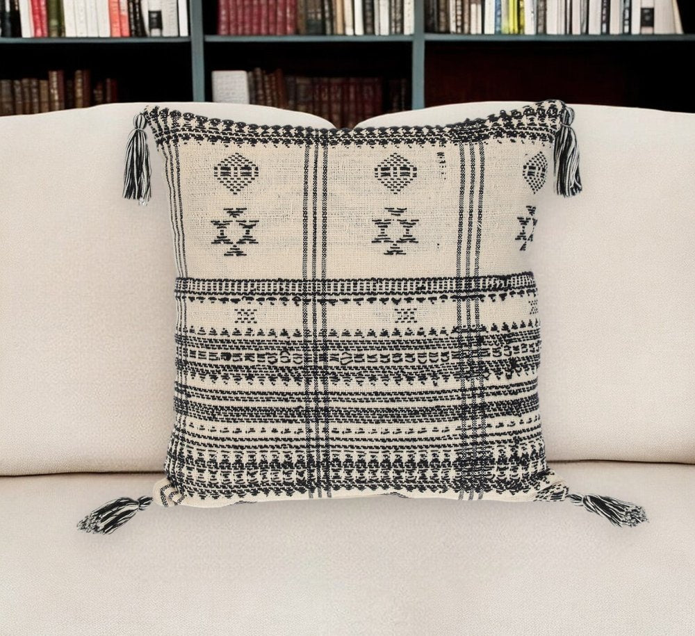 18" Beige and Black Southwestern Cotton Throw Pillow With Tassels