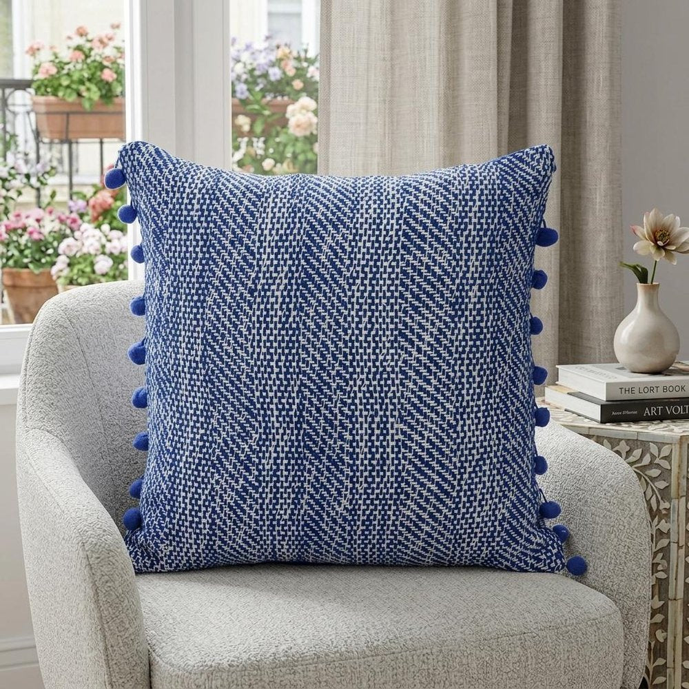 18" Blue and White Weave Cotton Throw Pillow With Pom Poms