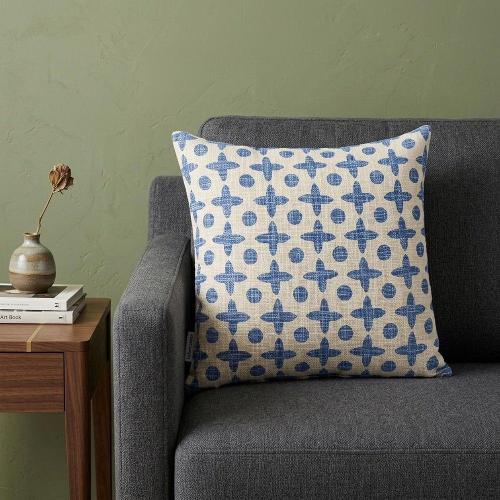 18" Beige and Blue Geometric Cotton Throw Pillow