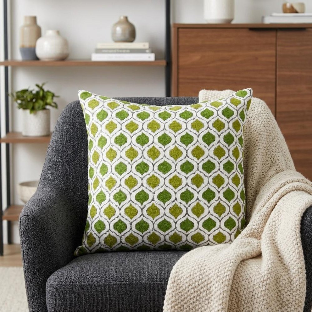 20" Green and White Ogee Cotton Throw Pillow With Embroidery