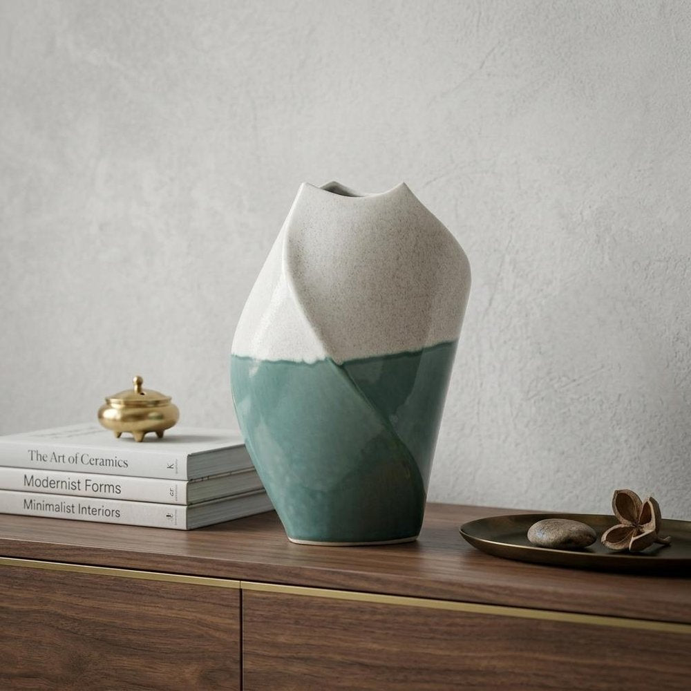 12" Green and Ivory Ombre Wavy Ceramic Table Vase