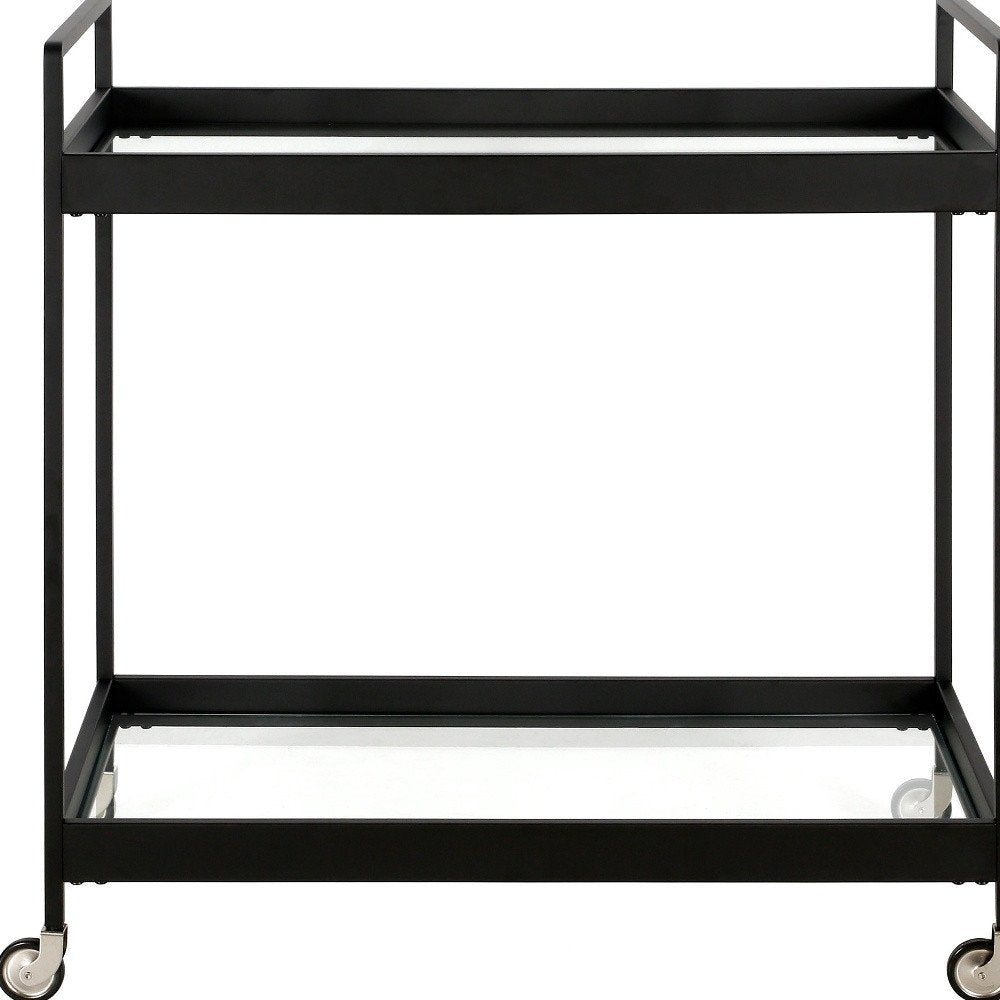 33" Black Steel and Glass Rolling Bar Cart