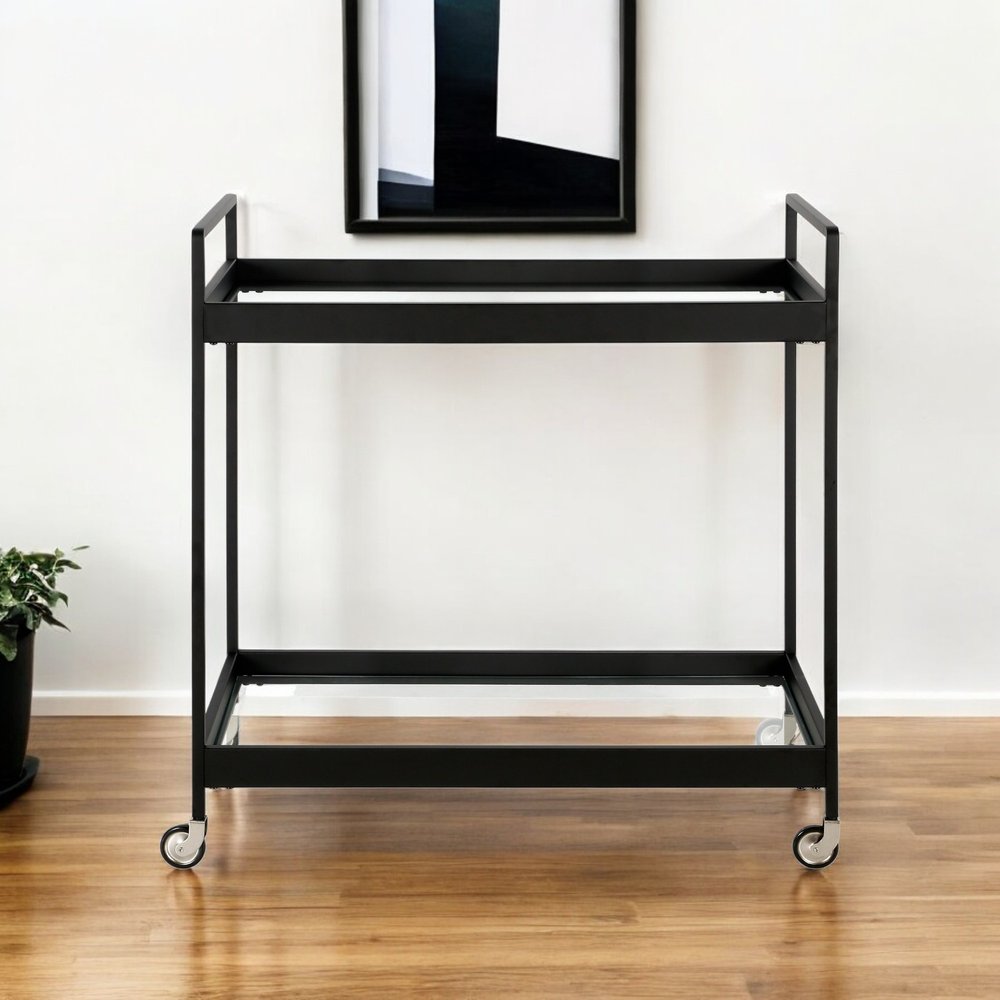 33" Black Steel and Glass Rolling Bar Cart