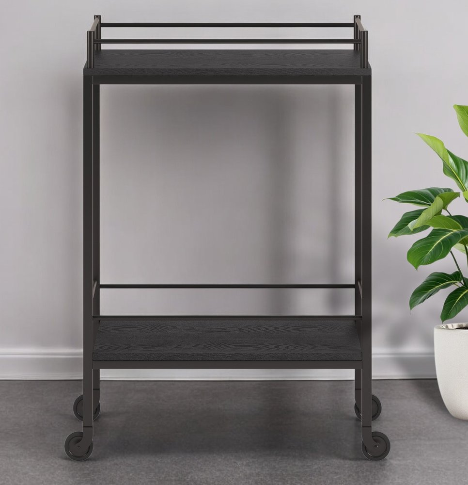 23" Black Steel and Wood Rolling Bar Cart