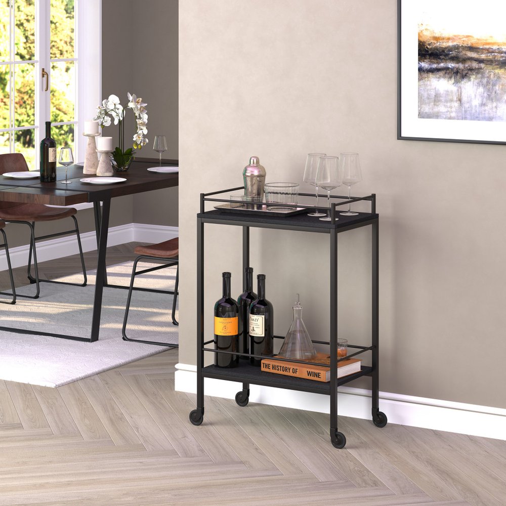 23" Black Steel and Wood Rolling Bar Cart