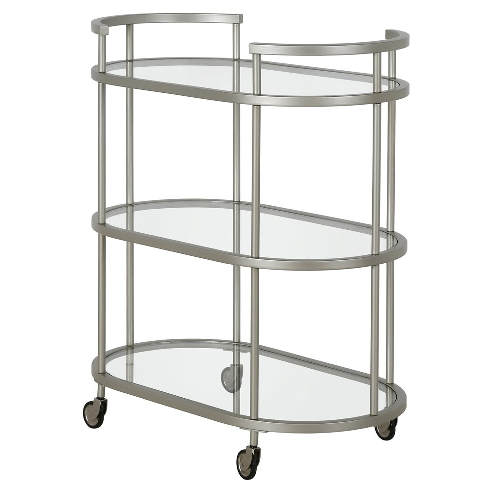 Nickel Steel And Glass Oval Rolling Bar Cart