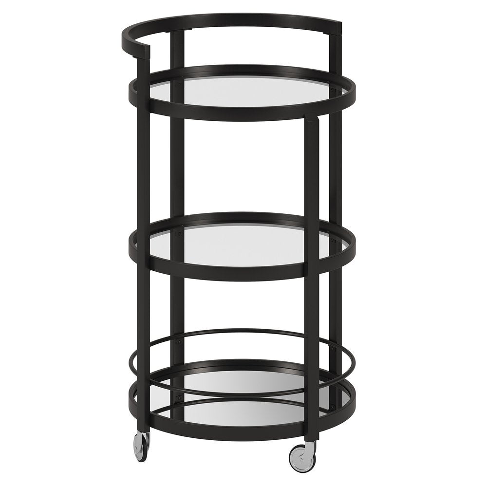 21" Black Steel and Glass Round Rolling Bar Cart