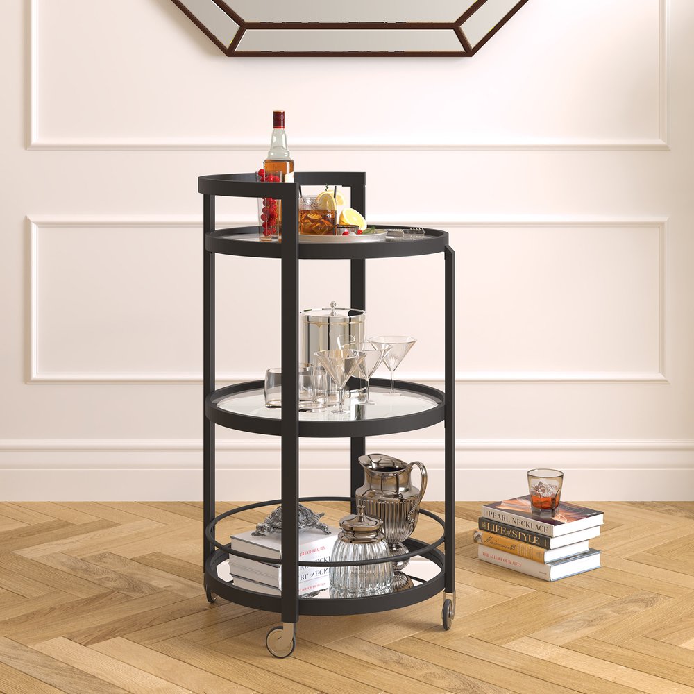21" Black Steel and Glass Round Rolling Bar Cart