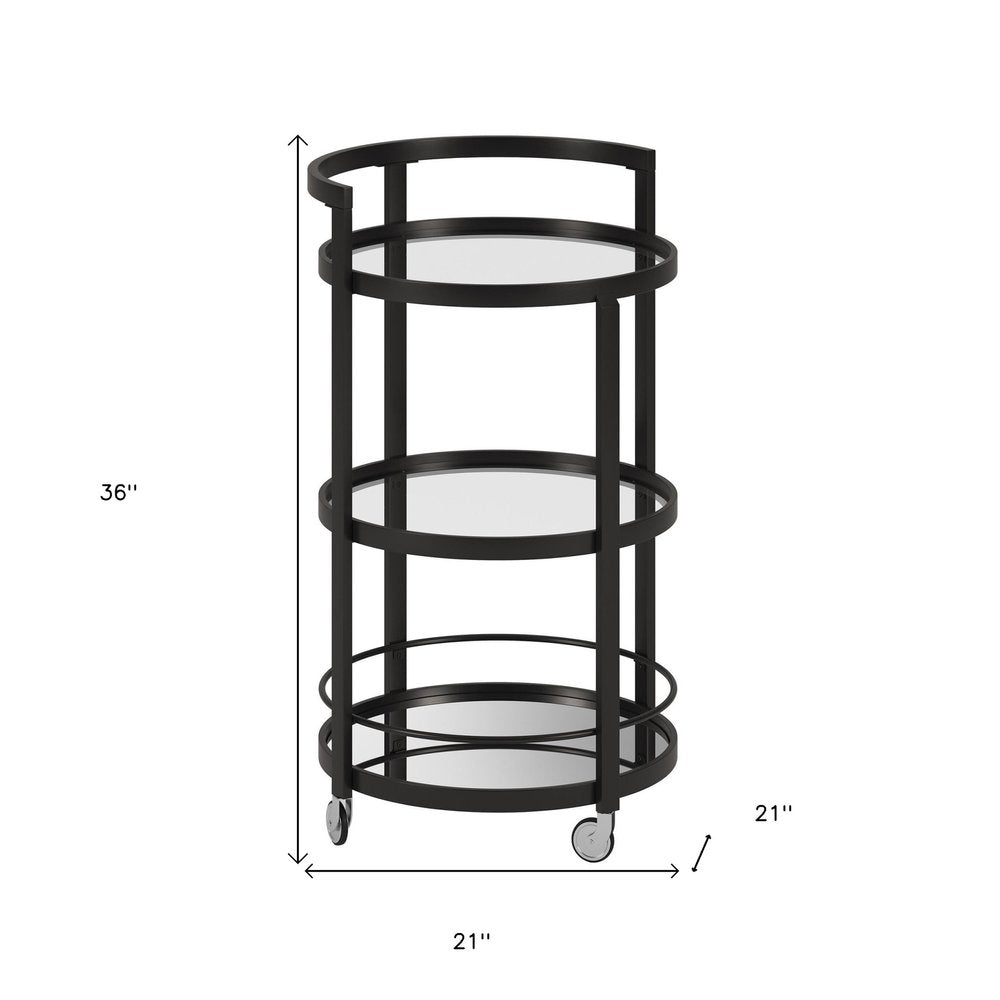 21" Black Steel and Glass Round Rolling Bar Cart
