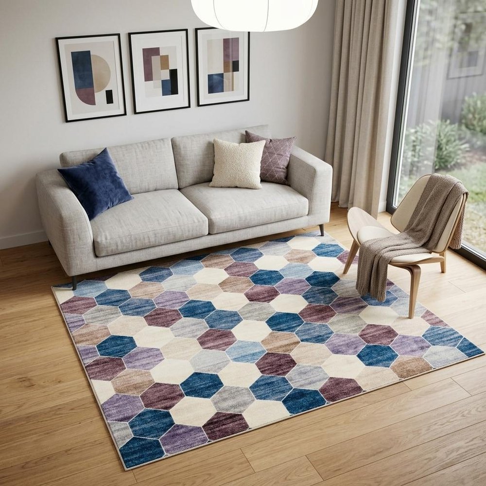 5' X 8' Ivory and Blue Geometric Distressed Area Rug