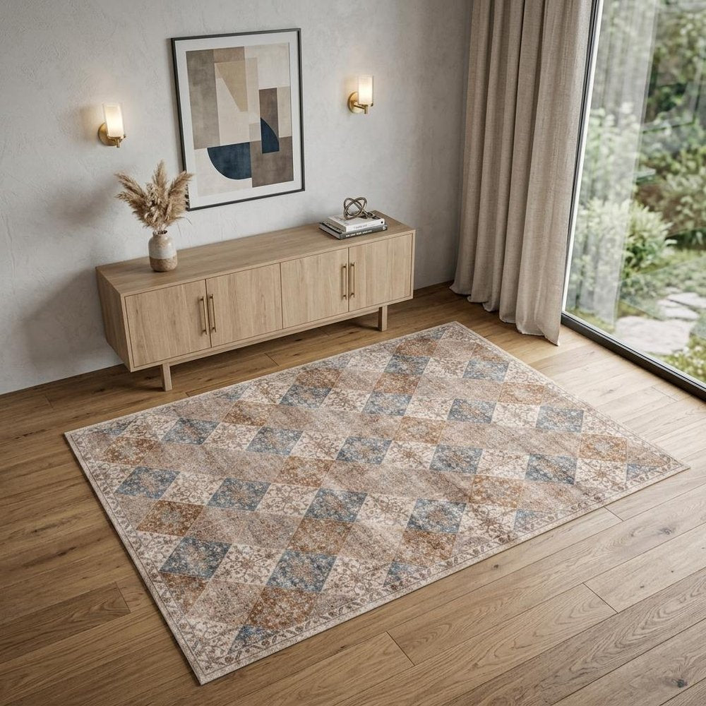 4' X 6' Brown and Blue Floral Distressed Area Rug
