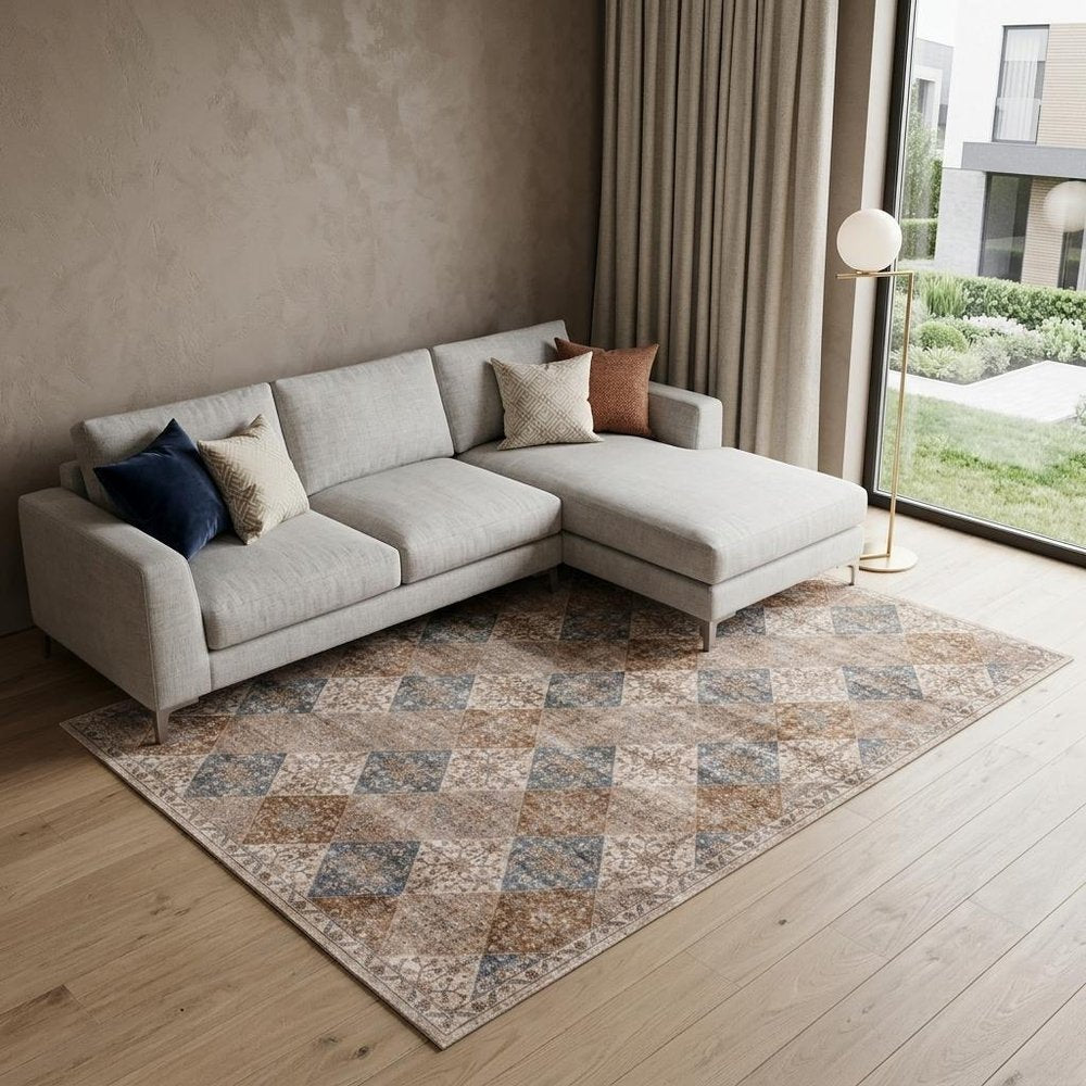 7' X 10' Brown and Blue Floral Distressed Area Rug