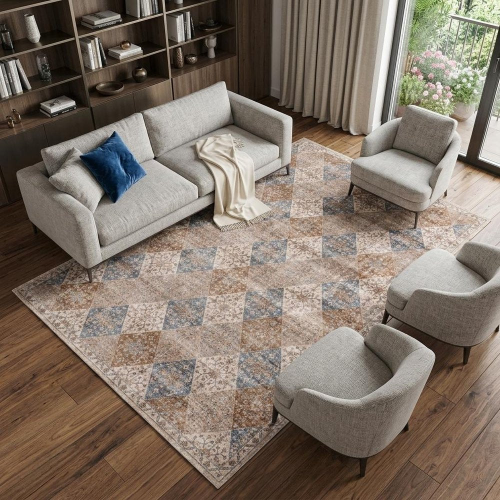 7' X 10' Brown and Blue Floral Distressed Area Rug