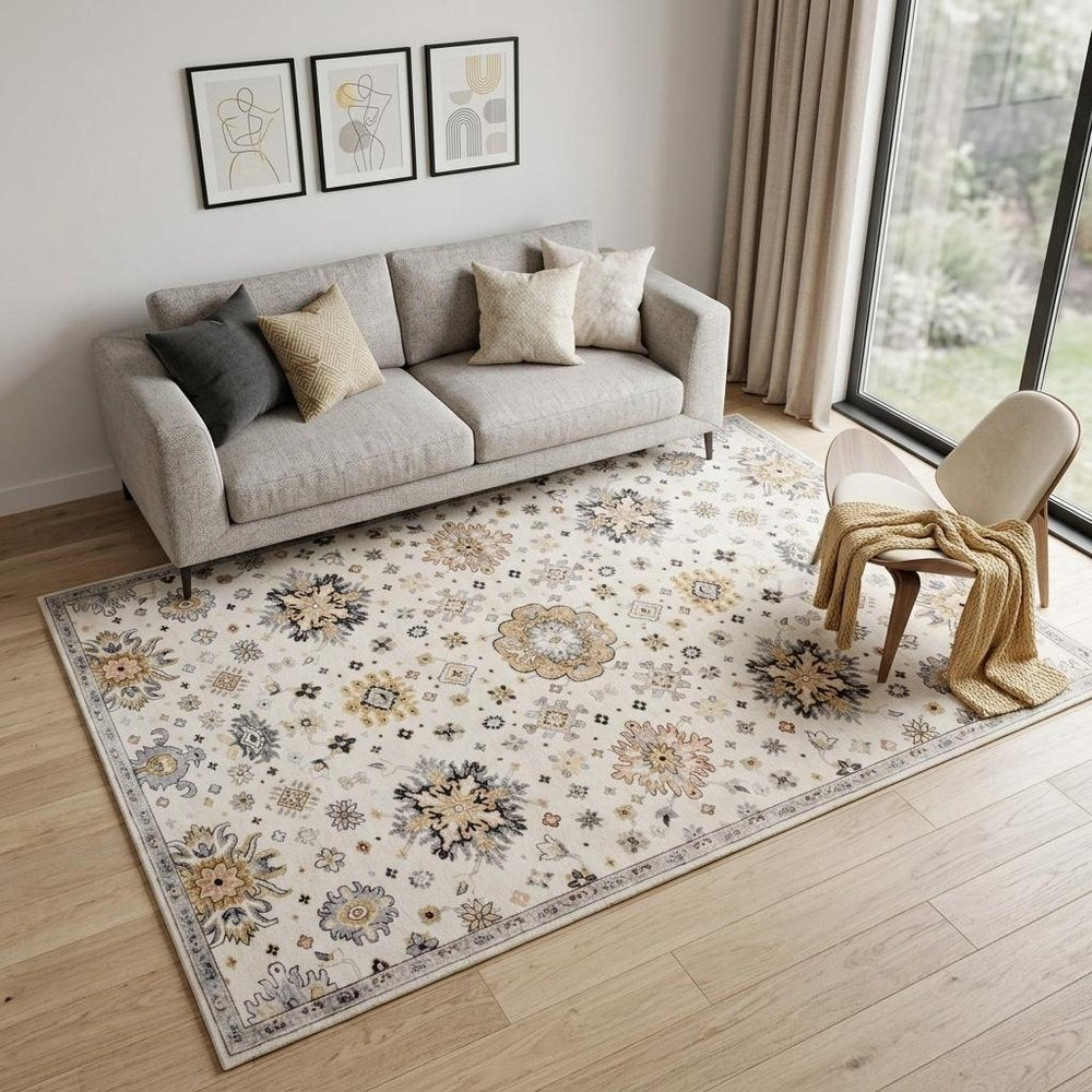 5' X 8' Gray and Gold Floral Area Rug