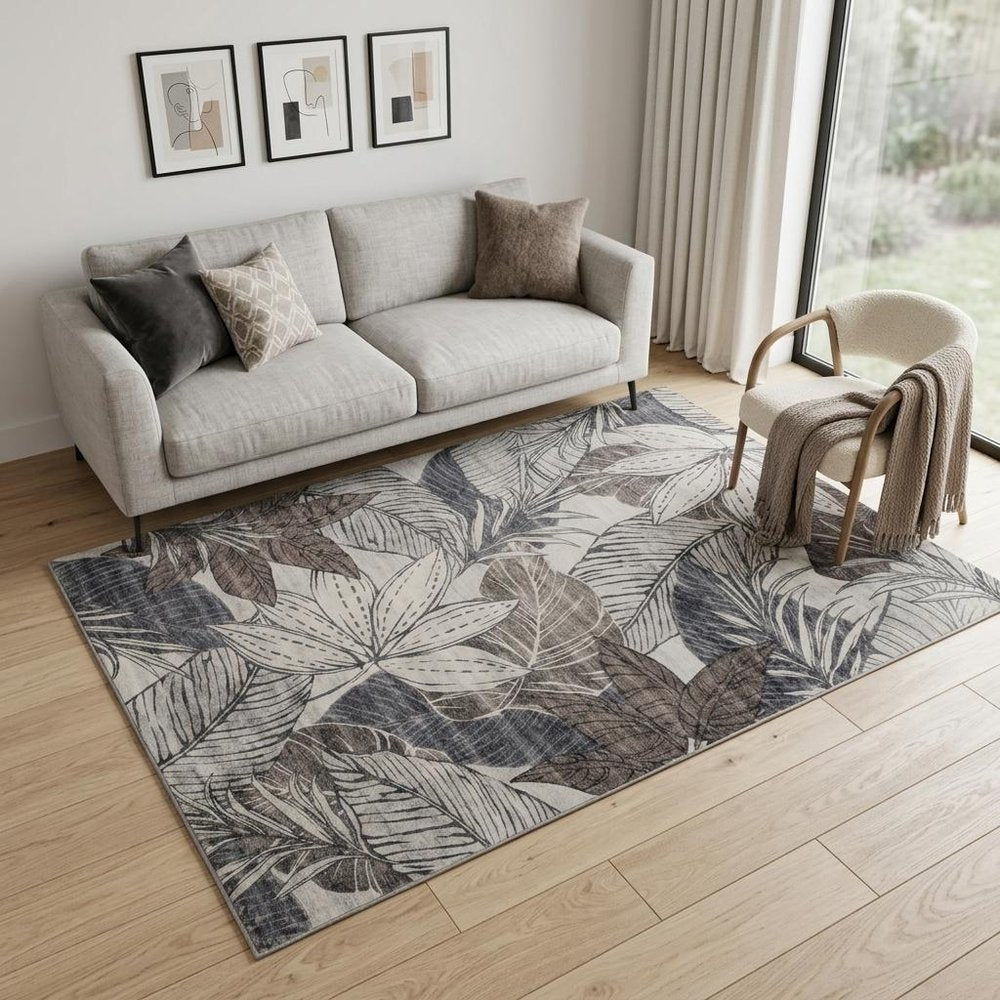 5' X 8' Gray and Brown Floral Distressed Area Rug