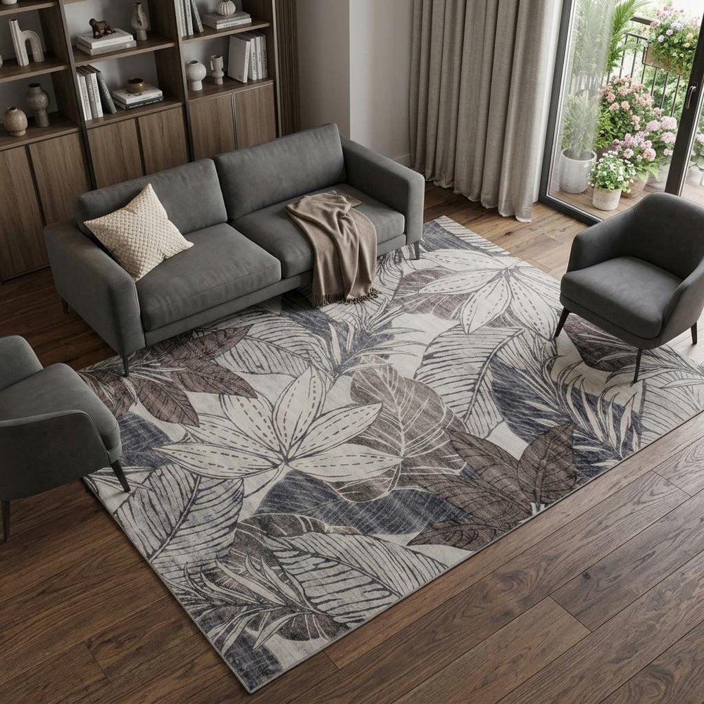 8' X 11' Gray and Brown Floral Distressed Area Rug