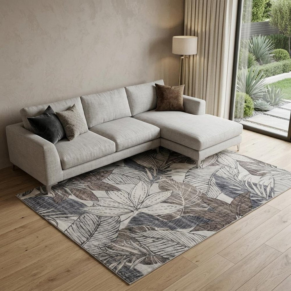 8' X 11' Gray and Brown Floral Distressed Area Rug