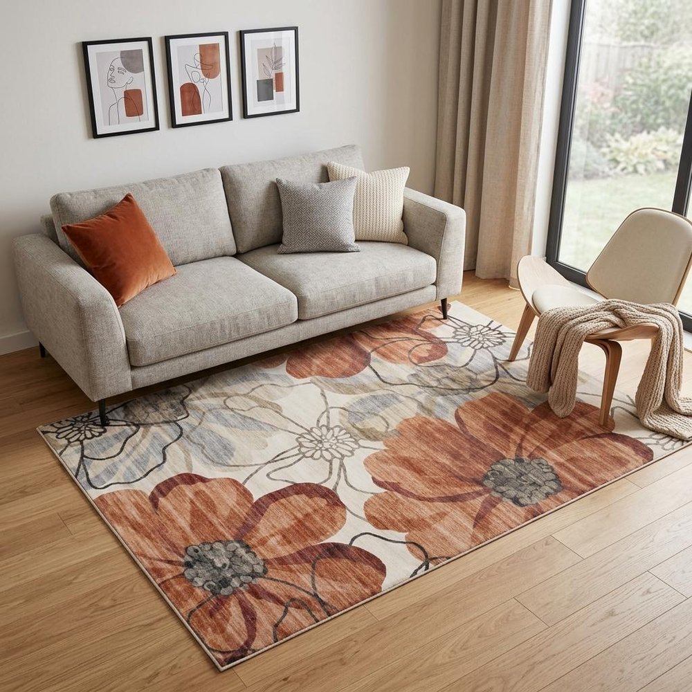 5' X 8' Red and Beige Floral Distressed Area Rug