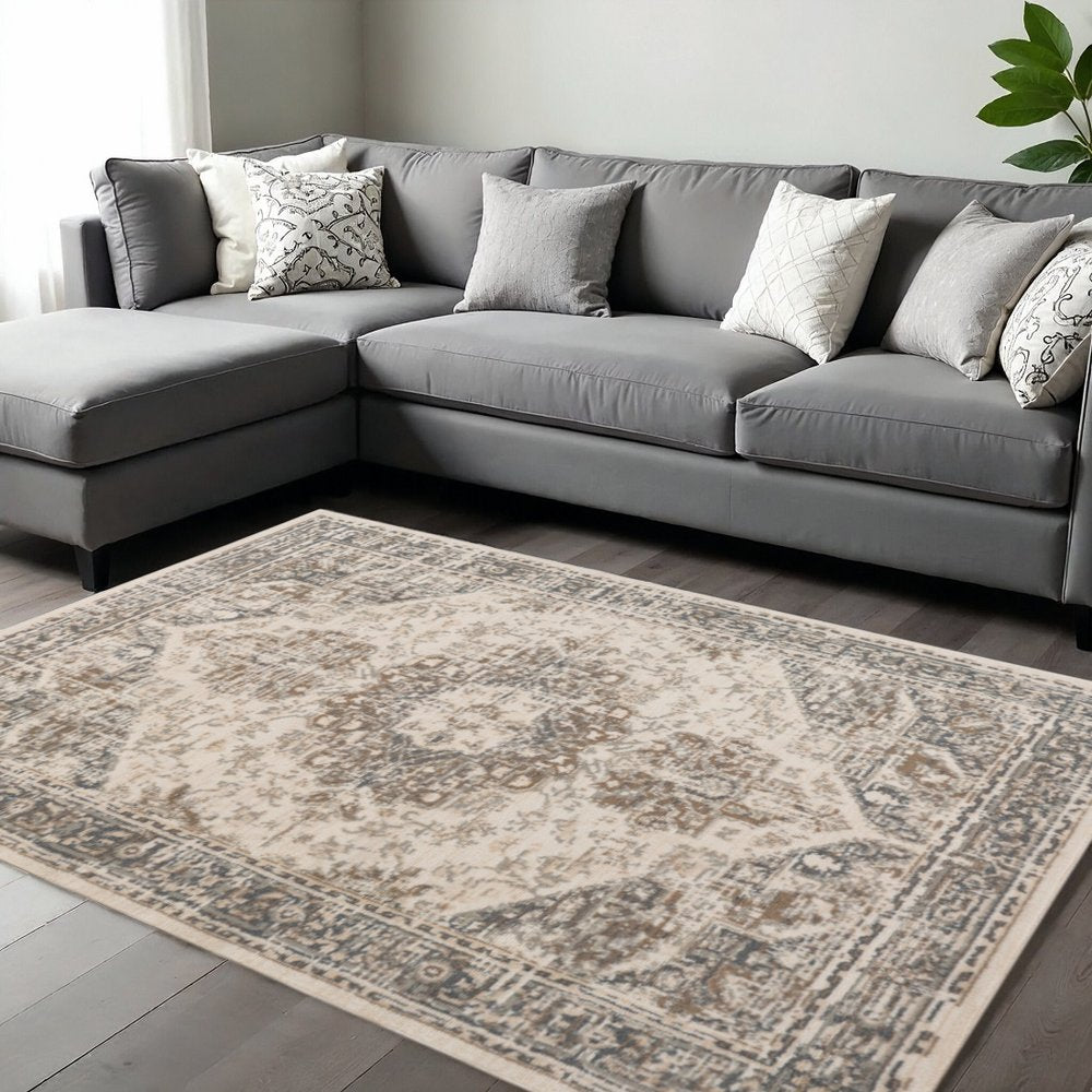 10' Gray And Beige Medallion Runner Rug