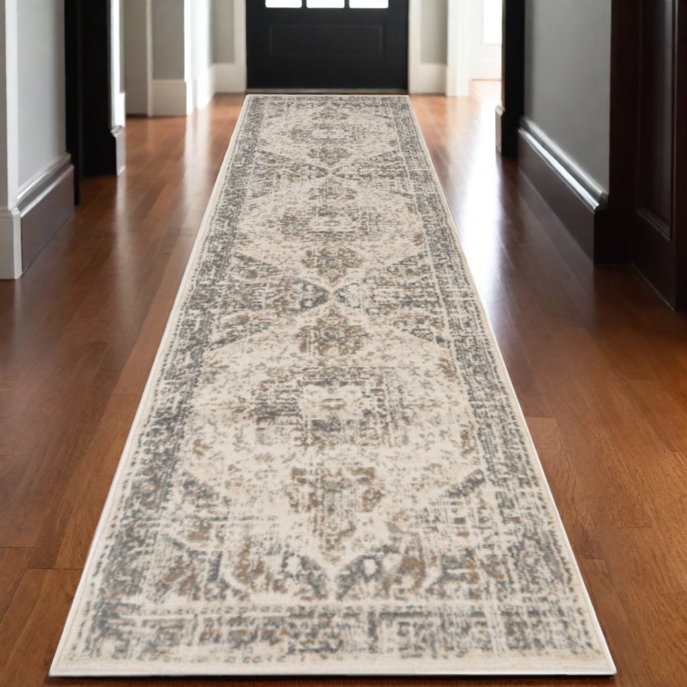 10' Gray And Beige Medallion Runner Rug