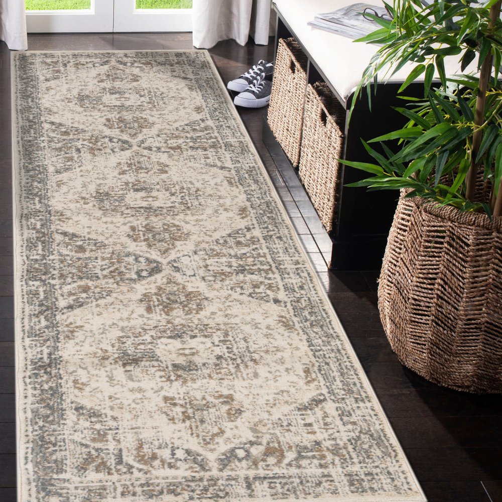 10' Gray And Beige Medallion Runner Rug
