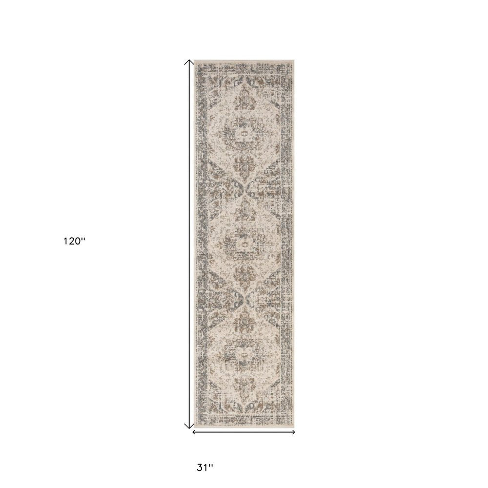 10' Gray And Beige Medallion Runner Rug