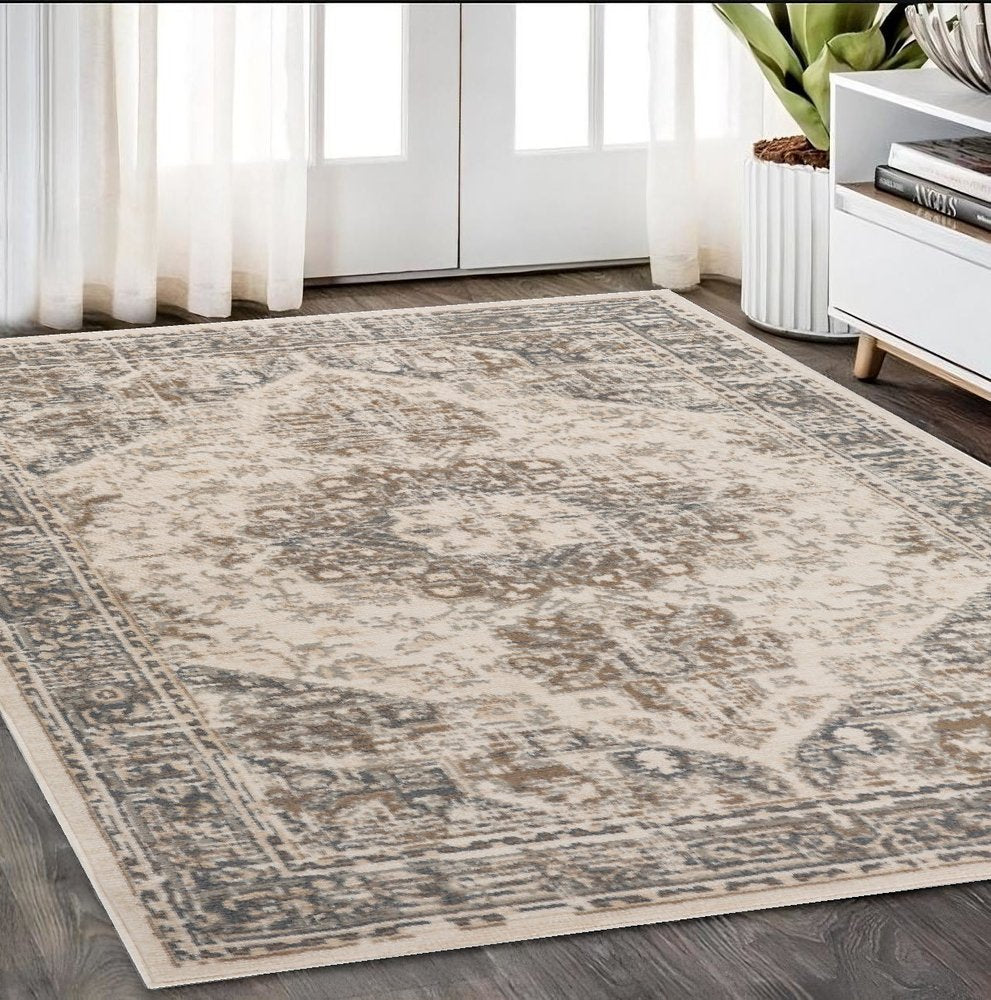 10' Gray And Beige Medallion Runner Rug