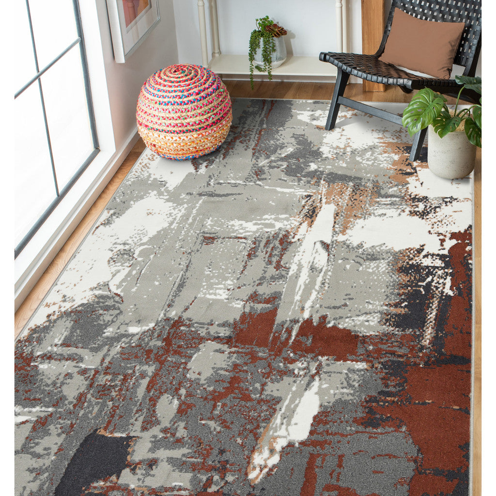 8' Ivory Gray and Rust Abstract Power Loom Round Rug