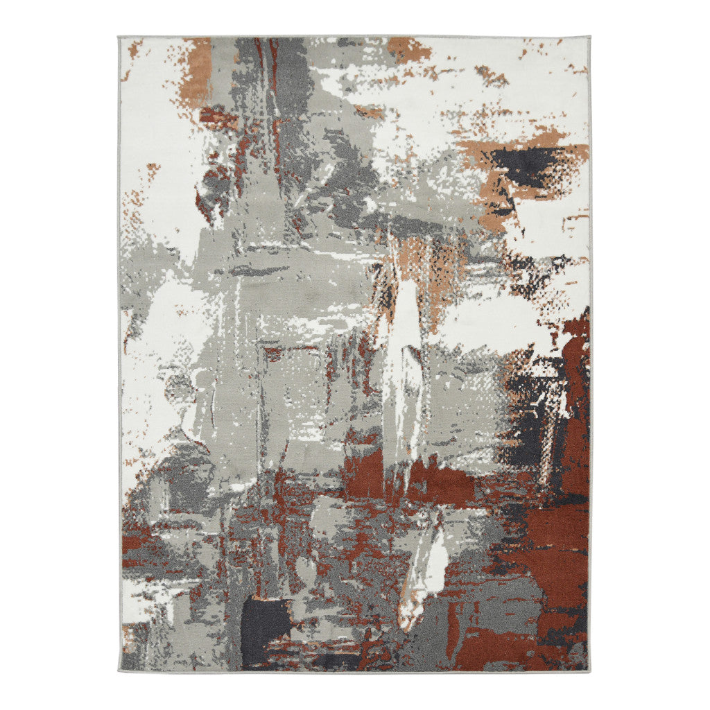 8' Ivory Gray and Rust Abstract Power Loom Round Rug