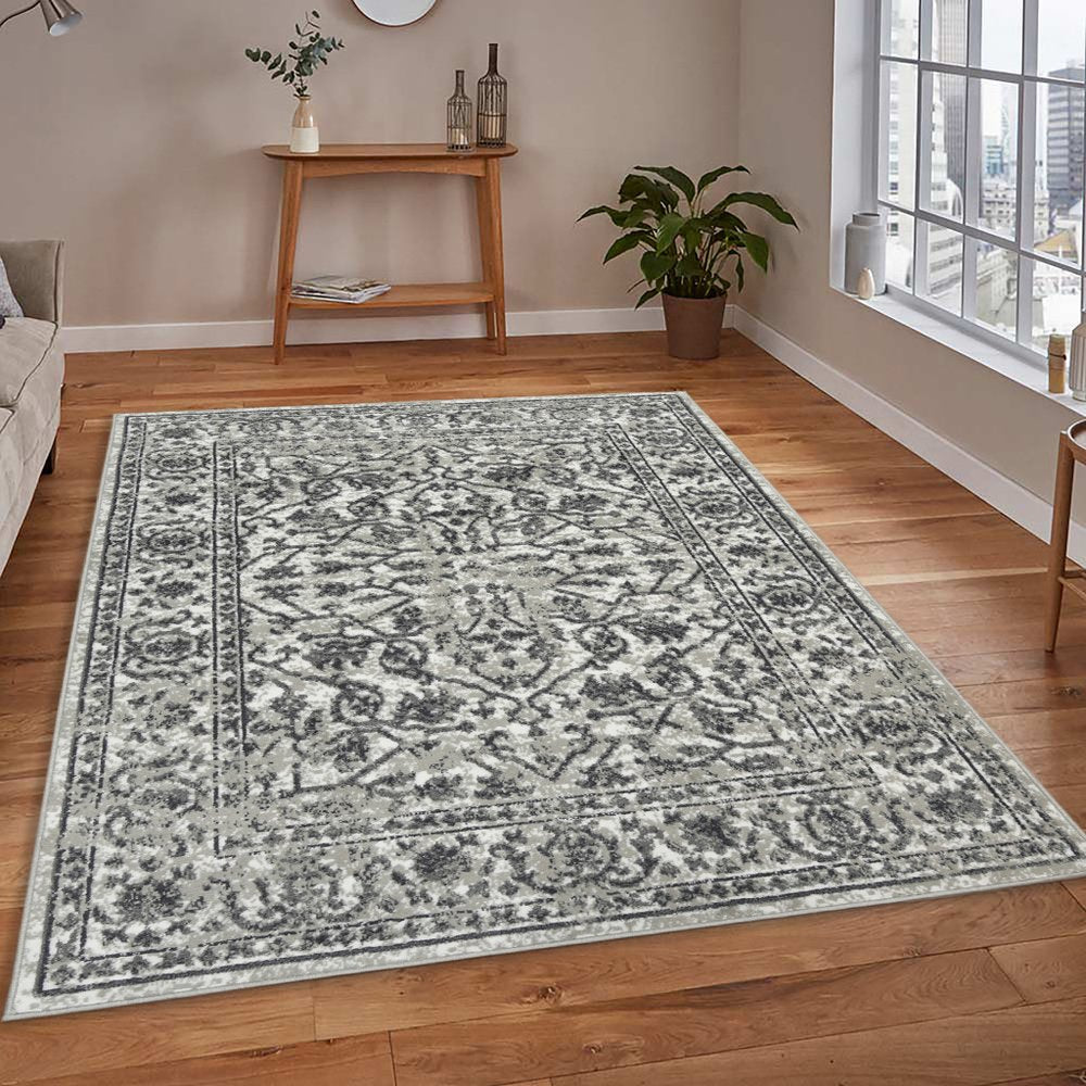 10' X 14' Ivory Gray And Dark Gray Floral Area Rug