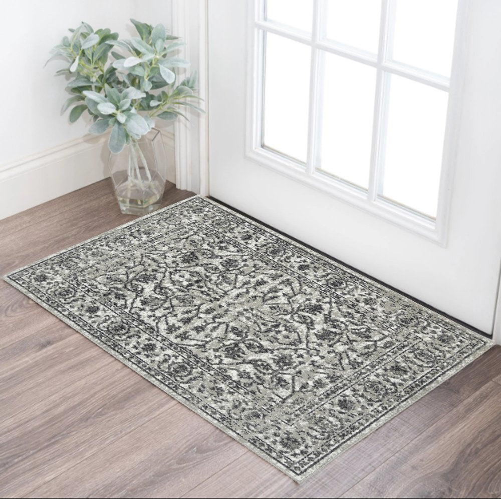 10' X 14' Ivory Gray And Dark Gray Floral Area Rug